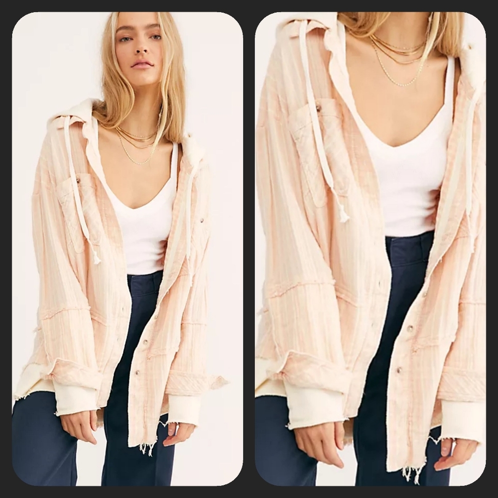 We the Free People Calico Basin Striped shirt jacket shacket hoodie 2fer top LN!